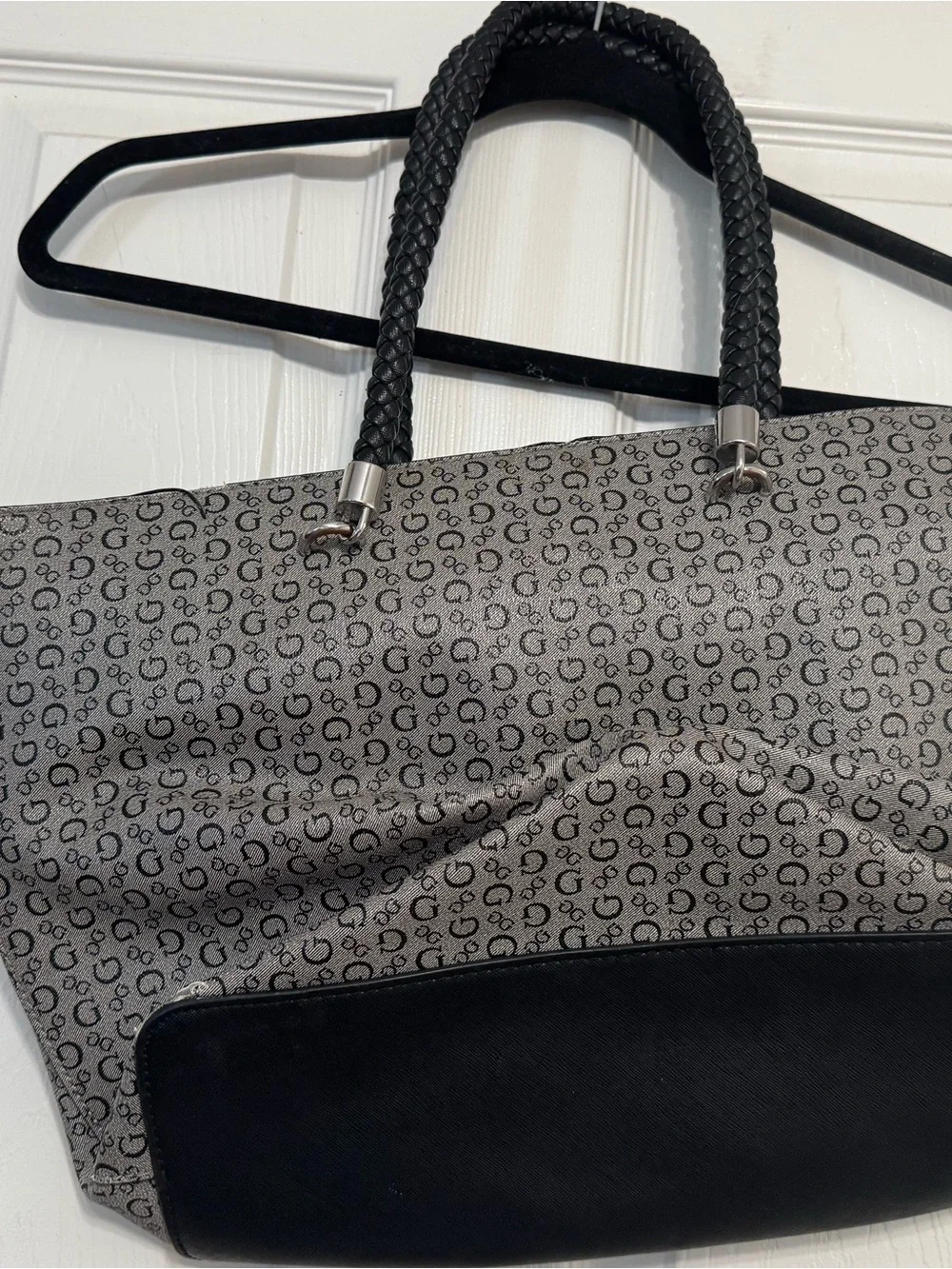 GUESS Gray Monogram Tote with Black Trim and Braided Handles